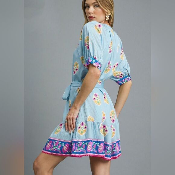 Umgee Floral Print Tie Waist Short Sleeve Dress Blue Dress sz Large - Picture 5 of 8